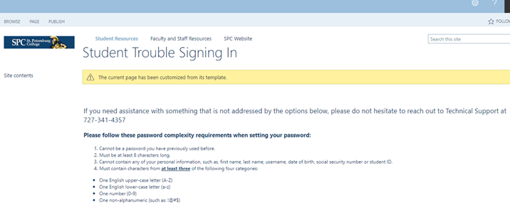 Student password requirements and support information.