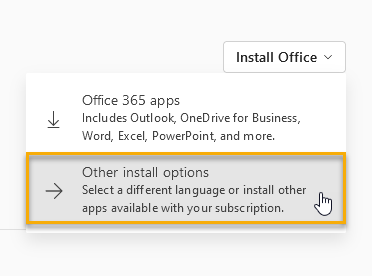 Office 365 installation options menu.