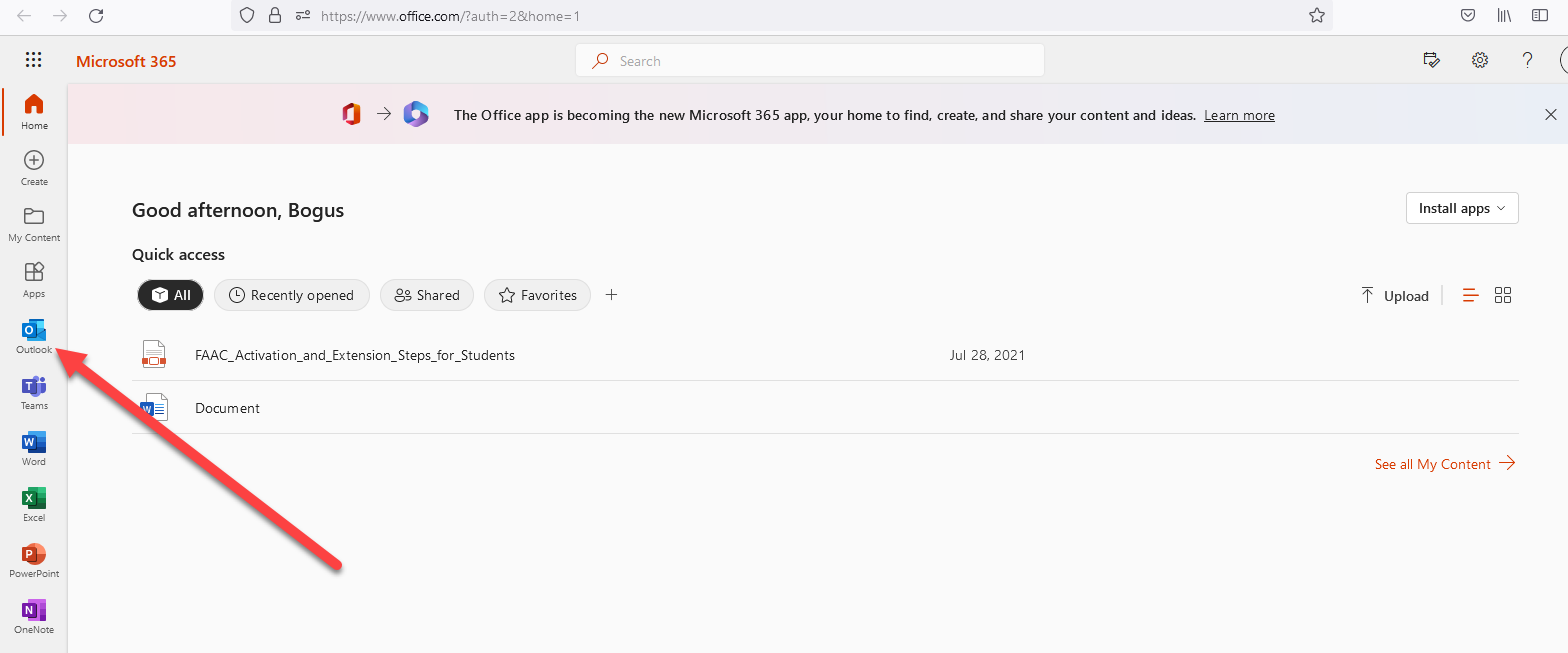 Microsoft 365 interface with Outlook highlighted.