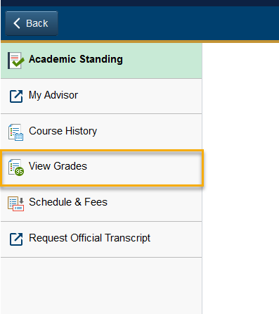 Menu options for academic standing with highlighted grades.