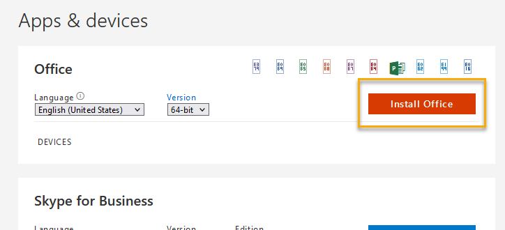 Office installation options on a device settings page.