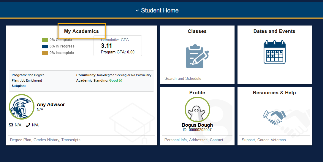 Student home page with academic details displayed.