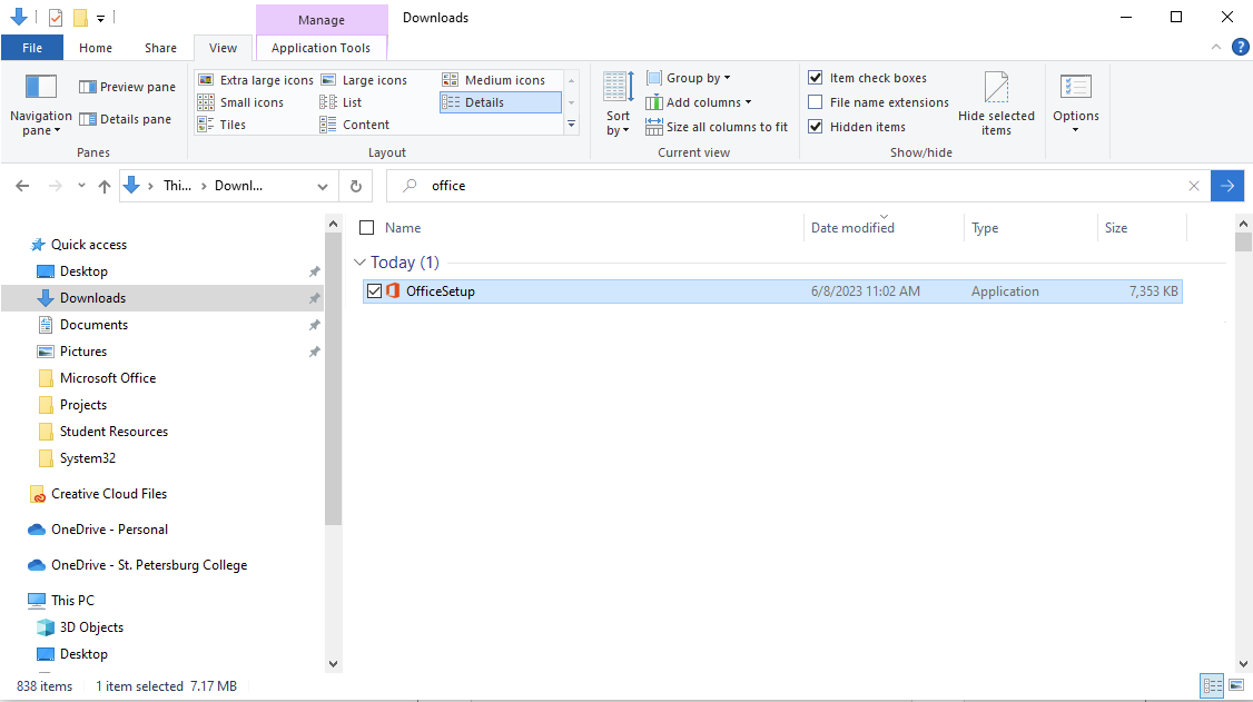 File explorer showing OfficeSetup in Downloads folder.