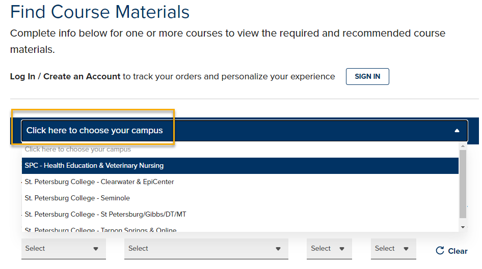 Course materials selection interface.
