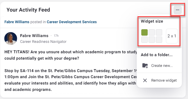 Activity feed with a post about career services.