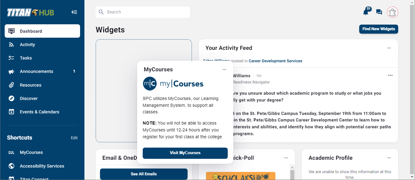 Dashboard interface of an educational platform.