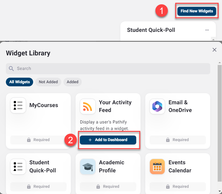 Widget library interface with options to add widgets.