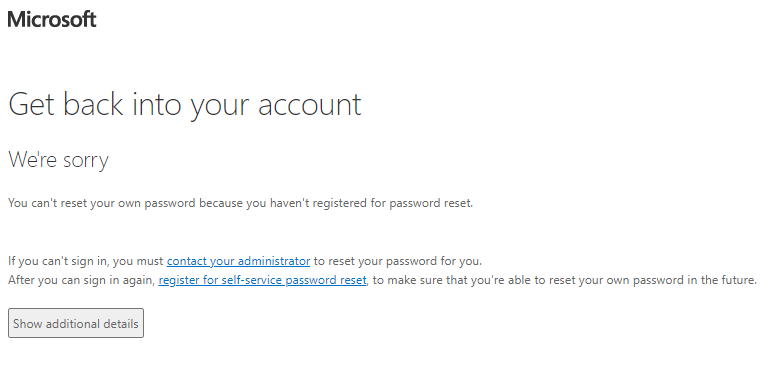 Microsoft account password reset error message.