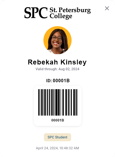 Student ID card for Rebekah Kinsley.
