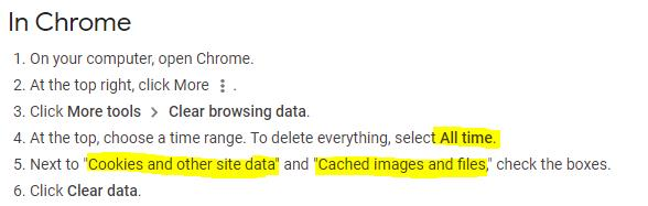 Instructions for clearing Chrome browsing data.