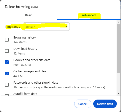 Settings menu for deleting browsing data.