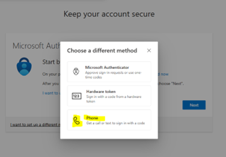 Microsoft account security method selection screen.