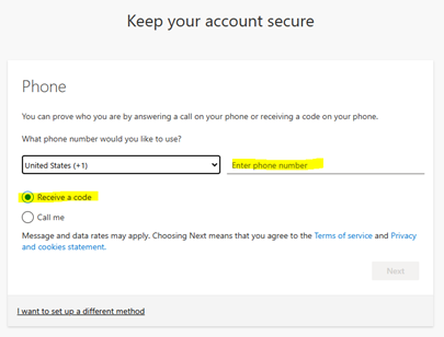 Account security phone verification screen.