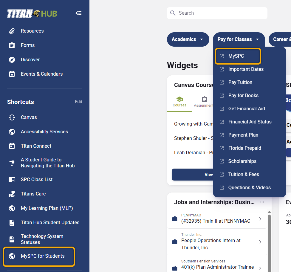show users how to acces MySPC access points on Pay for Classess and MySPC for Students under shortcuts