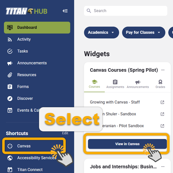 shows user select the canvas buttons on shortcuts and view in canvas on widget
