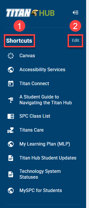 Titan Hub menu with shortcuts and edit option.
