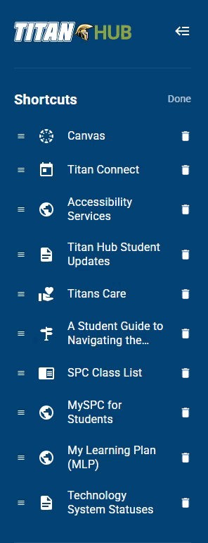 Titan Hub shortcuts menu with various options.