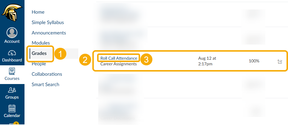 1. grades. 2. roll call attendance row. 3. roll call attendance link