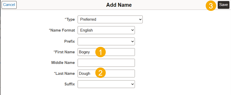 first name, last name, save