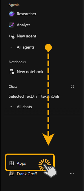 shows user clicking "Apps" located in the lower left corner of the page