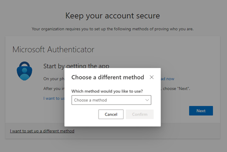 Microsoft Authenticator setup screen with options.