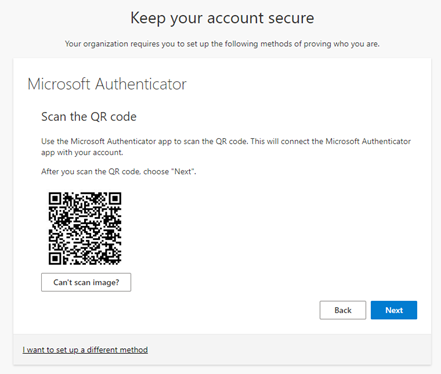 Microsoft Authenticator QR code setup screen.