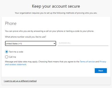 Account security setup screen with phone options.