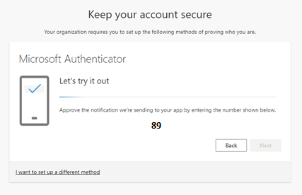 Microsoft Authenticator setup screen with a number.