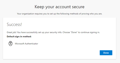 Account security setup success message.