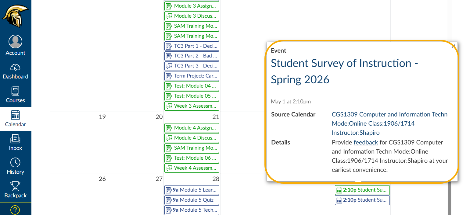 screenshot of canvas calendar with SSI reminder event