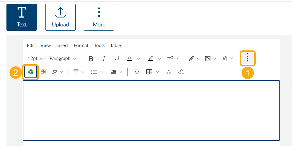 screenshot of Rich Content Editor. The ellipses (1) shows the full menu, and the Panopto button (2) is a green circle.