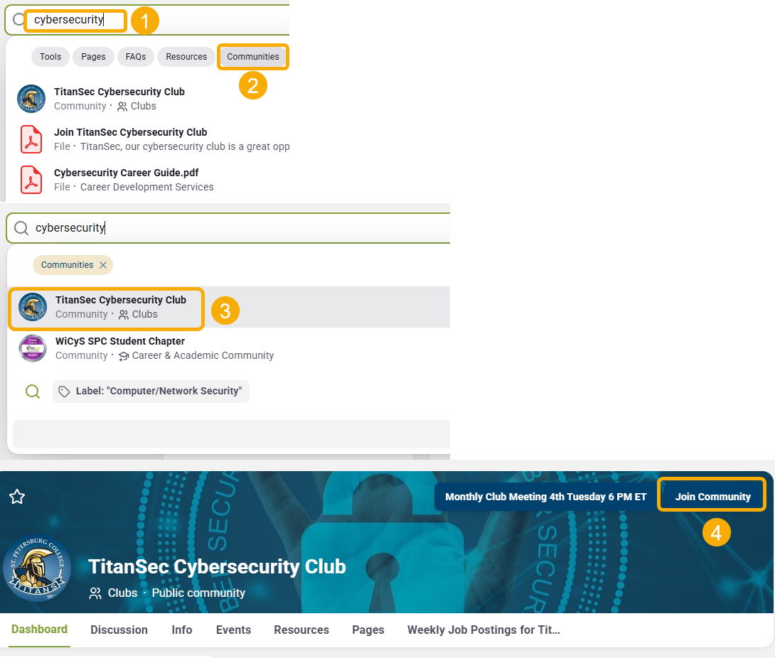 Click in the Search Bar and type in a keyword to search for a Titan Hub community. Matches will appear below the Search Bar.  Click the Communities button to filter search results to just see Communities.  Click on the Community to explore it.   Click Join Community in the top right corner to join, if you'd like to do so.
