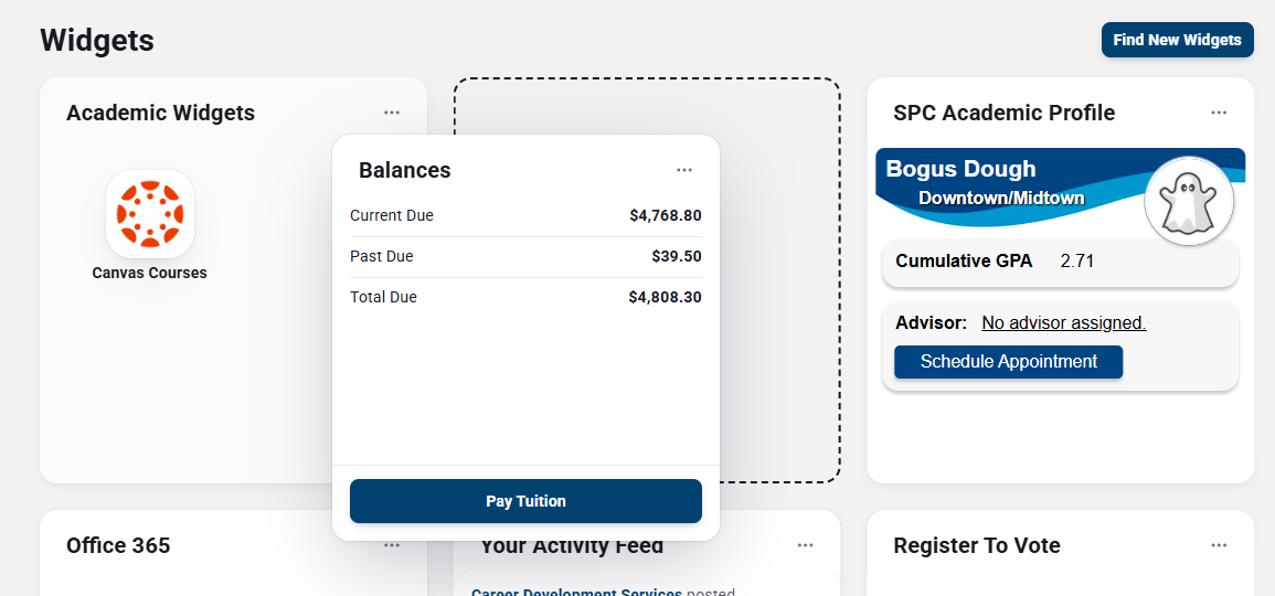 screenshot showing moving the balances/tuition widget